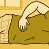 Illustration of a man lying on his side in pain with his hand on his stomach.