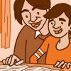 Illustration of a father and son reading a book at the table.