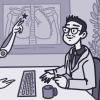 Illustration of a robot and a doctor analyzing a medical image together Illustration of a robot and a doctor analyzing a medical image together.