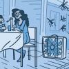 Illustration of a family eating outside using a fan to protect against mosquitoes.