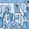 Illustration of a man refusing a plastic bag at the grocery store to use his own reusable bag.