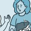 Illustration of a woman appearing distressed, holding her stomach while talking to another person.