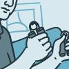Illustration of a man using hand grippers to strengthen his hands.