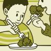 Illustration of a mom eating broccoli with her young child.