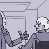 Robot walking with an older man in a wheelchair.
