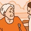 Illustration of a health care worker helping an older adult woman while she walks with a cane.