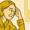 Illustration of a woman with her hand on her forehead closing her eyes in pain sitting at a computer.
