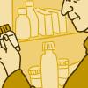 Illustration of an older adult man reading the label on a medicine bottle.