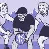 Illustration of three adults playing basketball on an outdoor court.