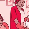 Illustration of a mom cleaning the kitchen countertops while her child is sitting on the couch feeling unwell.
