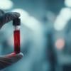 A vial of blood being held up by a gloved hand.