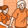 Illustration of a physical therapist helping an older adult walk.