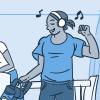 Illustration of a woman vacuuming with headphone on and a man wiping off the table. 