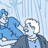 Illustration of person pushing an older adult in a wheelchair outside. 