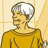 Illustration of an older adult looking out of a window holding flowers.