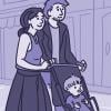 Illustration of a young couple pushing a toddler in a stroller down the sidewalk near shops.