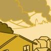 Illustration of wildfires burning behind houses. 