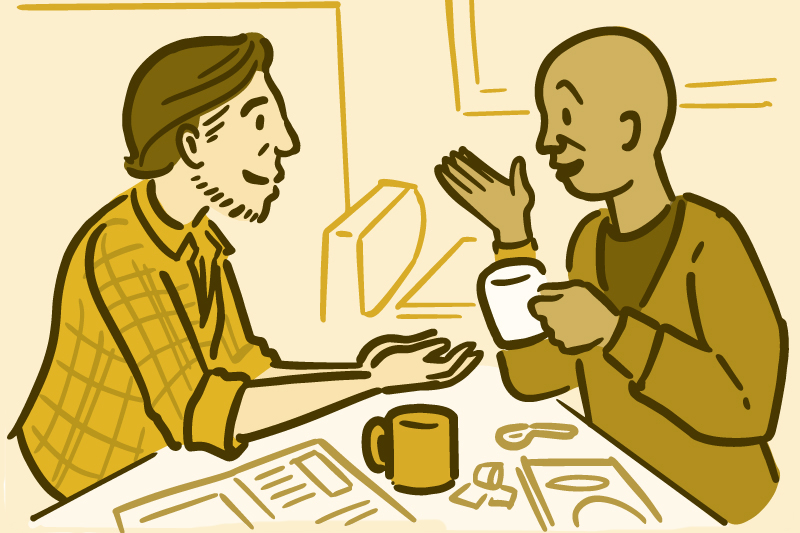 Illustration of two men having coffee and talking