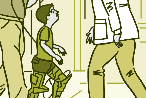 Illustration of a child wearing the robotic exoskeleton in a laboratory