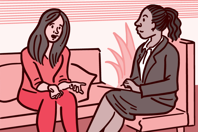 Illustration of a woman talking with a mental health professional
