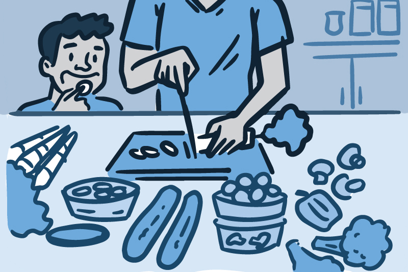Illustration of a parent and child preparing a healthy meal together