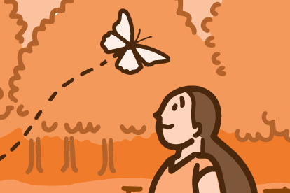Illustration of a woman focusing on a butterfly as her worries float away