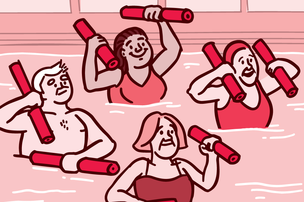 Illustration of a group of adults doing water aerobics