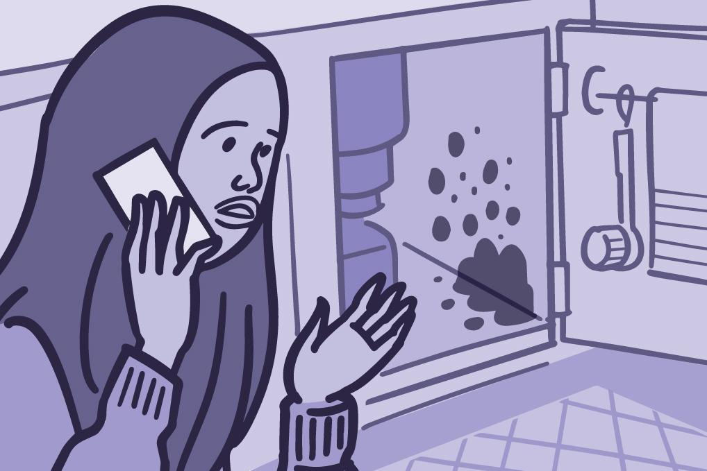 Illustration of a woman talking on the phone while looking at mold under the sink