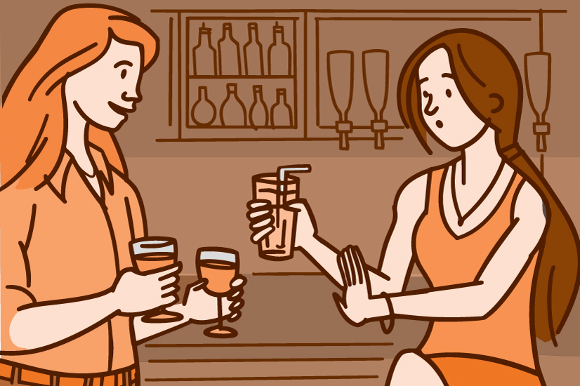 Illustration of a woman declining a drink offered by her friend