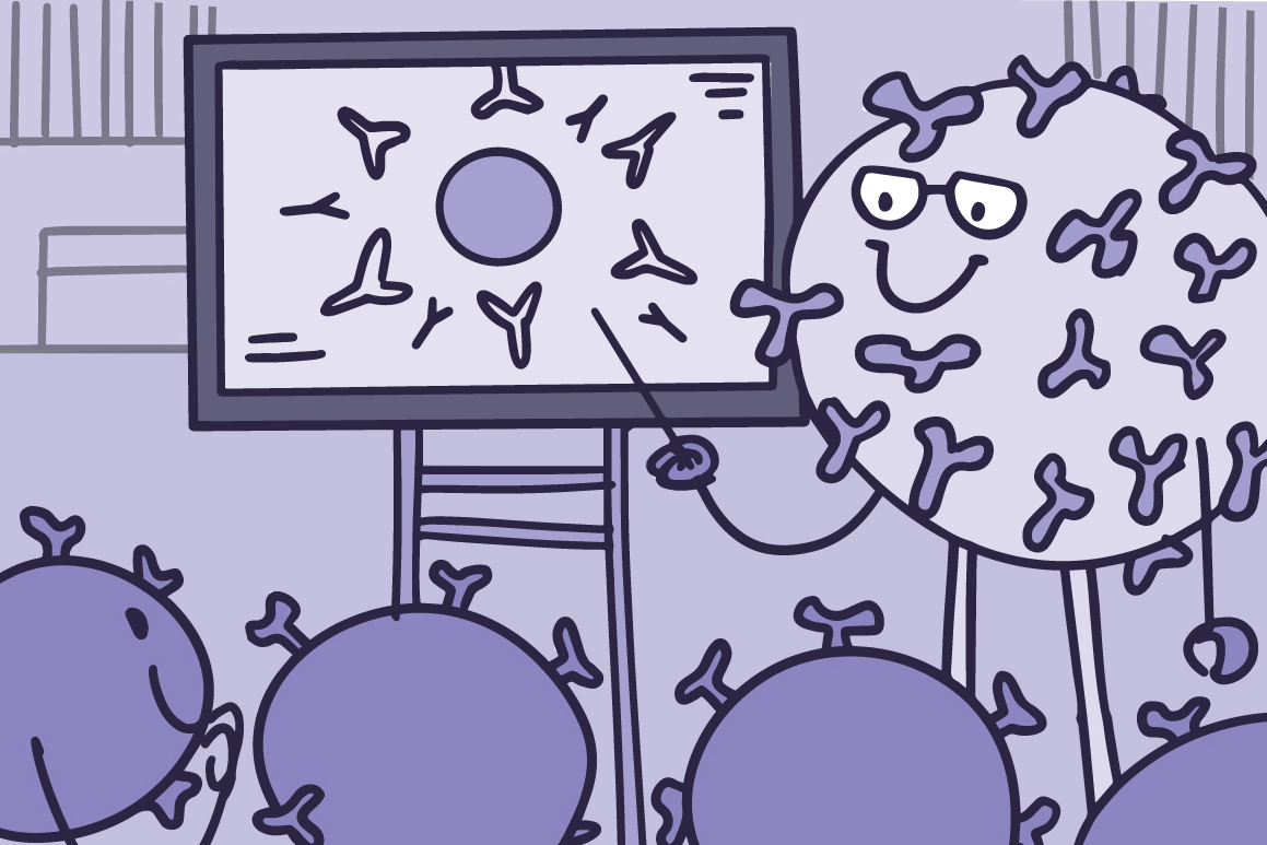 Illustration of immune cells being taught by a teacher in a classroom
