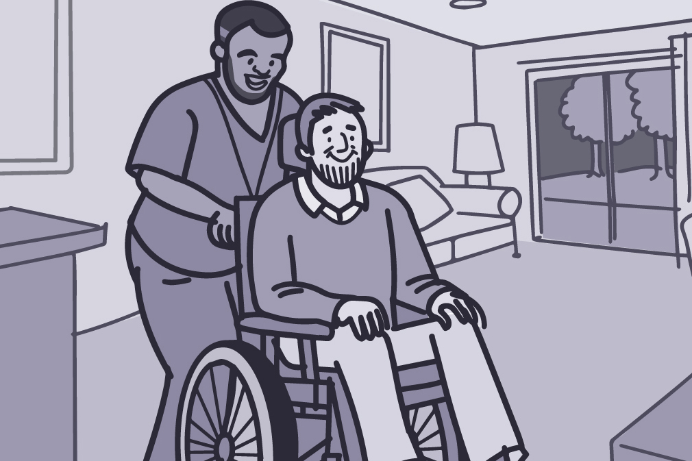 Illustration of a health care worker pushing a person with ALS in a wheelchair.