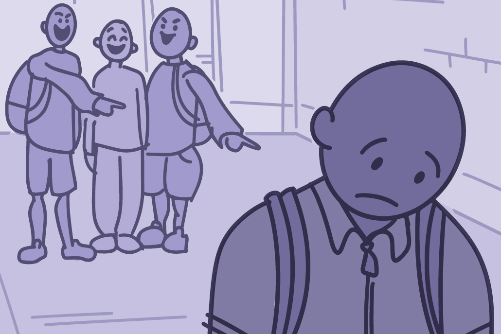 Illustration of a group of kids laughing and pointing at another kid in the school hallway.