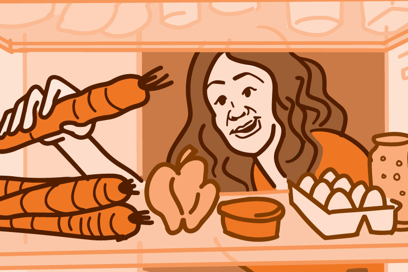 Illustration of a woman picking up a carrot out of the refrigerator.