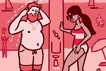 Illustration of a man and a woman rinsing off in a shower on the beach