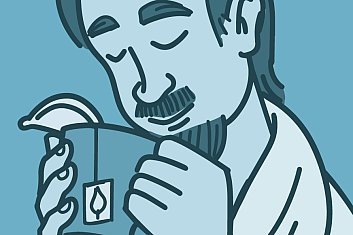 Illustration of a man drinking tea.