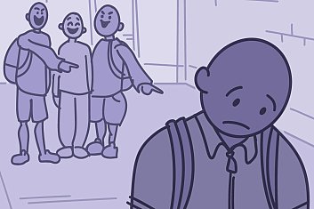 Illustration of a group of kids laughing and pointing at another kid in the school hallway.