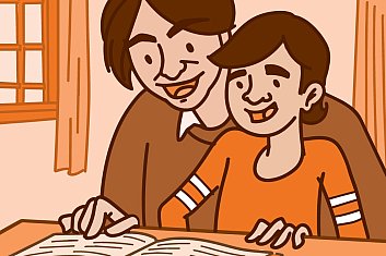 Illustration of a father and son reading a book at the table.