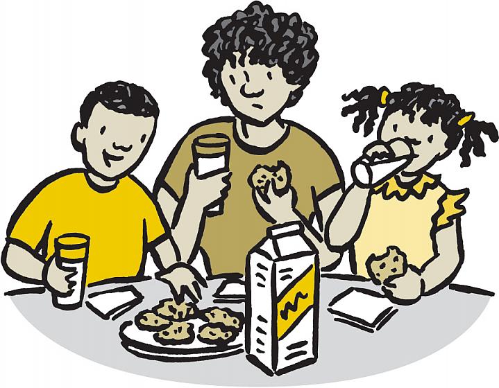 Illustration of mom looking at milk skeptically as kids have milk and cookies.