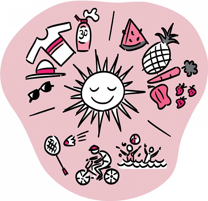 Illustration of sun surrounded by fresh produce, sun protection gear and people having fun outdoors.
