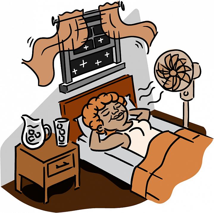 Illustration of a sleeping older woman staying cool with a fan, ice water and open window.