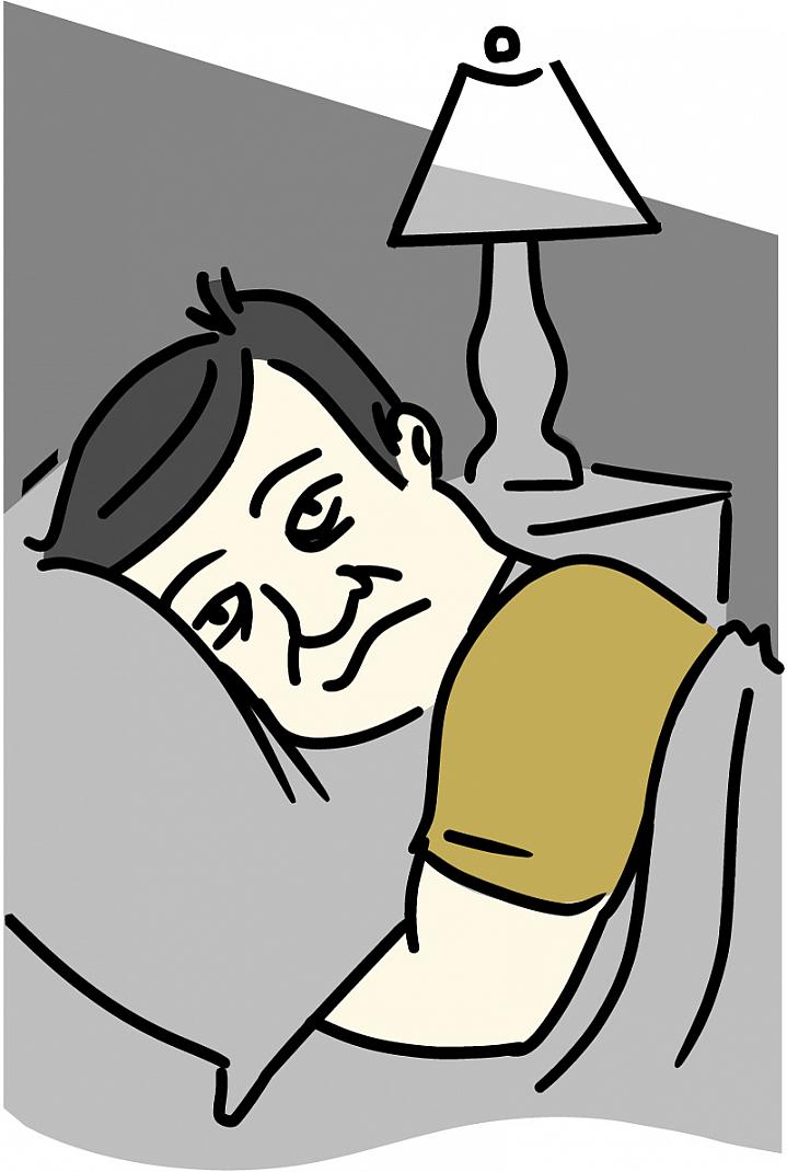 Illustration of a miserable-looking man, head on a pillow, unable to fall asleep.