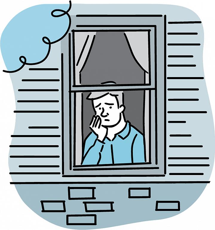 Illustration of a worried man looking out of a window.