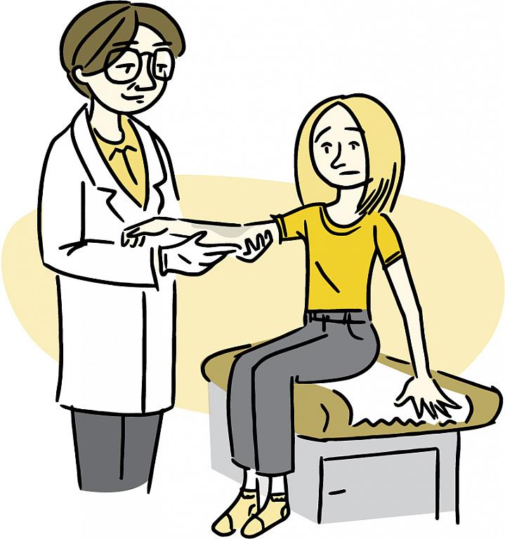 Illustration of a doctor examining a rash on a woman’s arm.