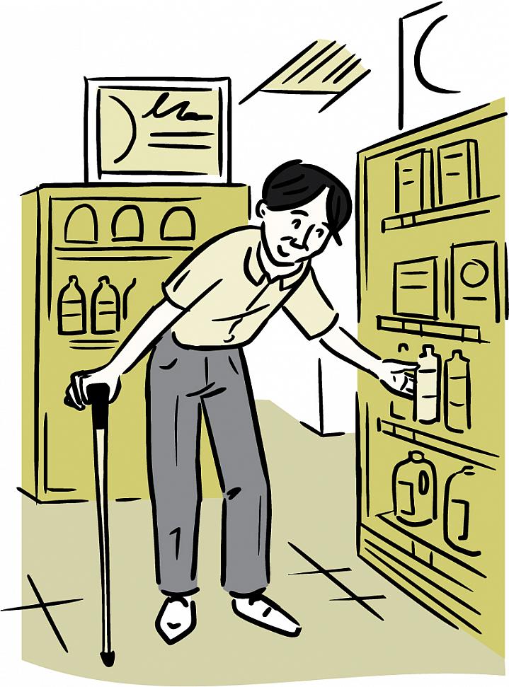 Illustration of a man steadying himself with a cane while reaching for a bottle on a grocery store shelf.