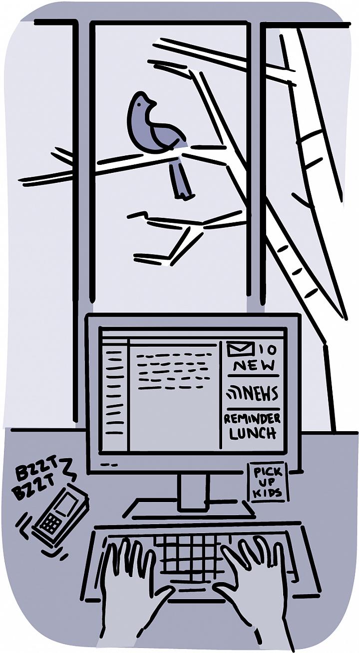 Illustration of a busy computer workstation and a peaceful window view of bird on a tree.