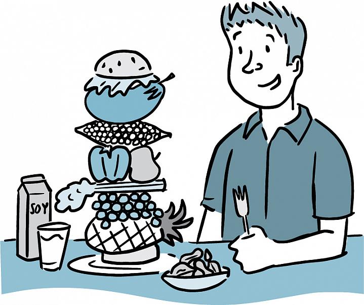 Illustration of a man ready to eat a giant sandwich stacked full of fruits and vegetables.