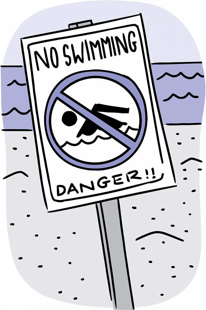 Illustration of a No Swimming sign at the beach.