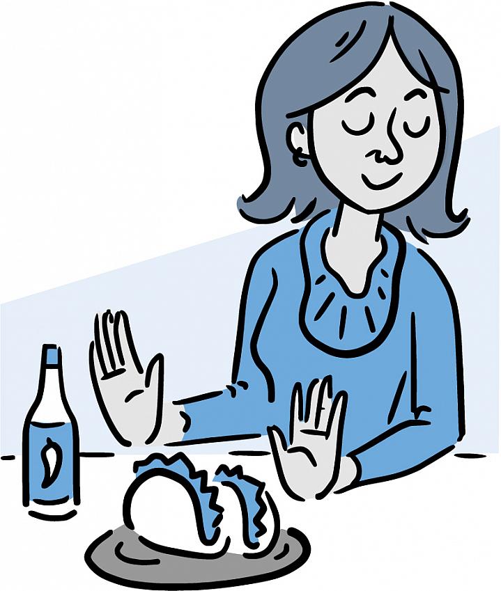 ilustração de uma mulher a afastar tacos picantes e molho picante.