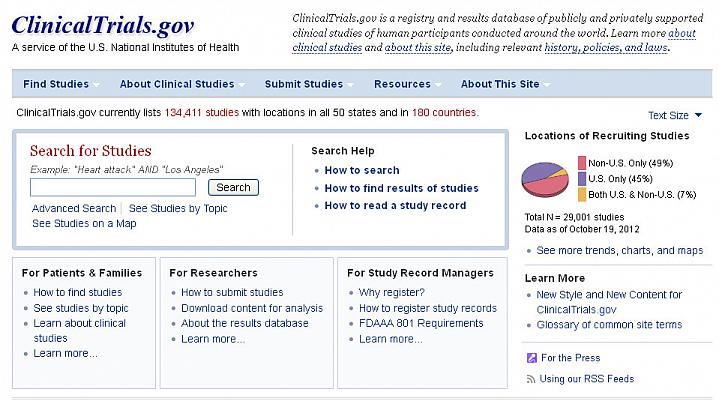 Screen capture of the homepage for the ClinicalTrials.gov website.