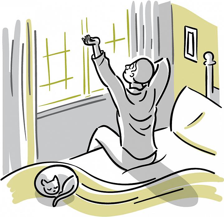 Illustration of a man waking up and stretching before a sun-filled window.